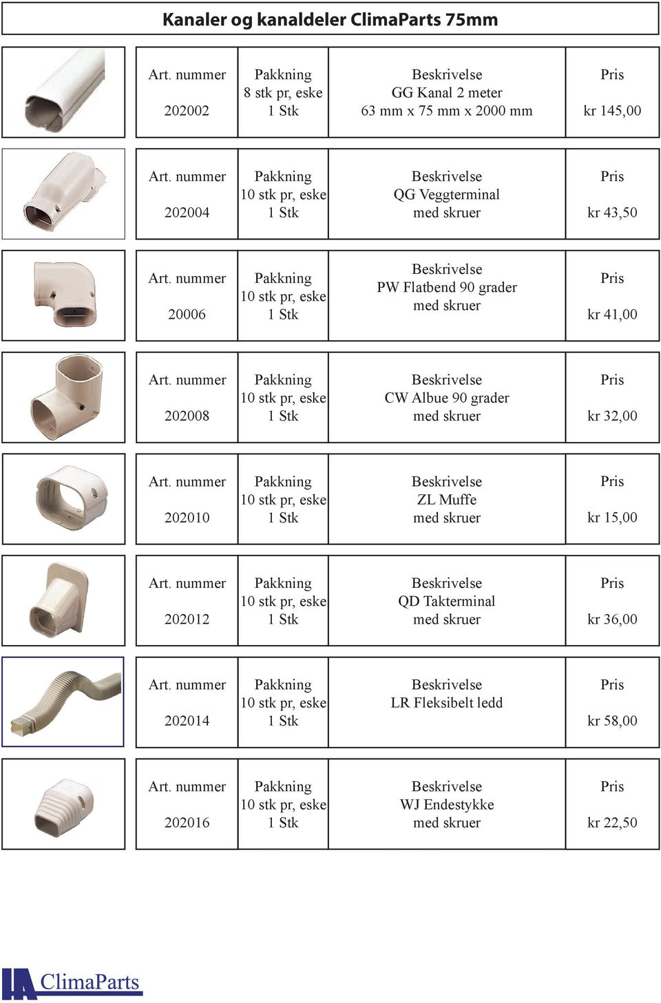 CW Albue 90 grader med skruer kr 32,00 202010 10 stk pr, eske ZL Muffe med skruer kr 15,00 202012 10 stk pr, eske QD Takterminal