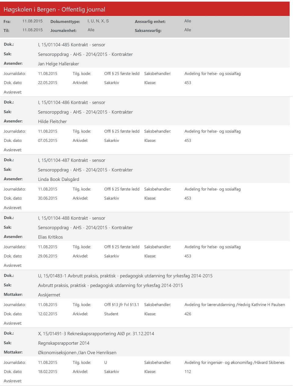 2015 Arkivdel: Sakarkiv 453 I, 15/01104-487 Kontrakt - sensor Sensoroppdrag - AHS - 2014/2015 - Kontrakter Linda Book Dalsgård Dok. dato: 30.06.