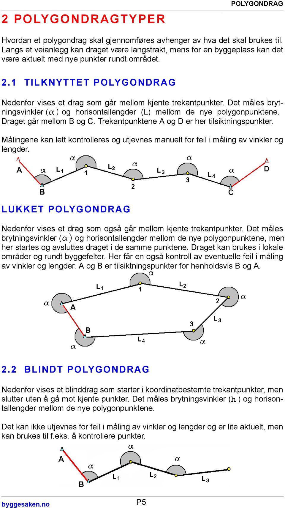 1 TILKNYTTET POLYGONDRAG Nedenfor vises et drag som går mellom kjente trekantpunkter. Det måles brytningsvinkler (a) og horisontallengder (L) mellom de nye polygonpunktene. Draget går mellom B og C.