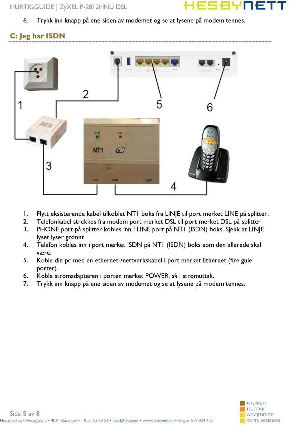 PHONE port på splitter kobles inn i LINE port på NT1 (ISDN) boks. Sjekk at LINJE lyset lyser grønnt 4.