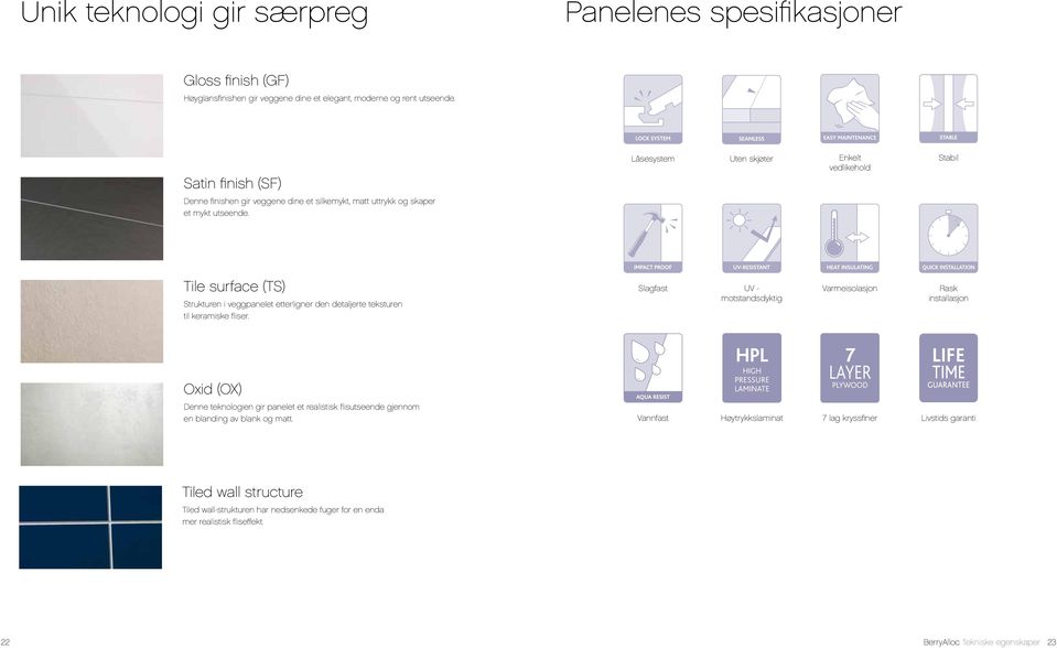 Låsesystem Uten skjøter Enkelt vedlikehold Stabil Tile surface (TS) Strukturen i veggpanelet etterligner den detaljerte teksturen til keramiske fliser.