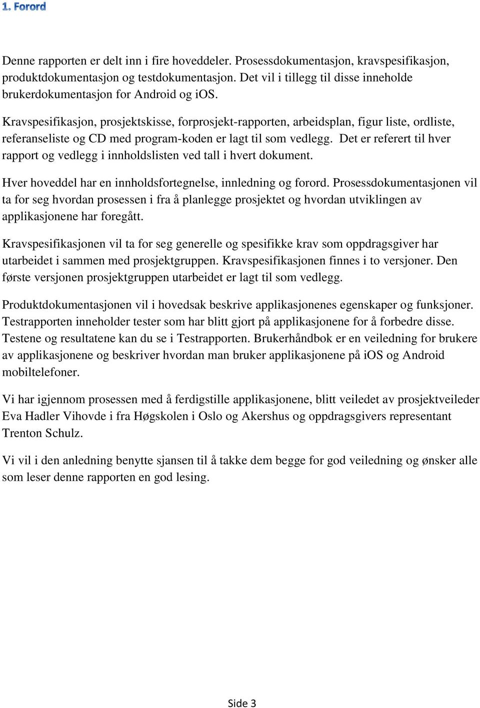 Kravspesifikasjon, prosjektskisse, forprosjekt-rapporten, arbeidsplan, figur liste, ordliste, referanseliste og CD med program-koden er lagt til som vedlegg.