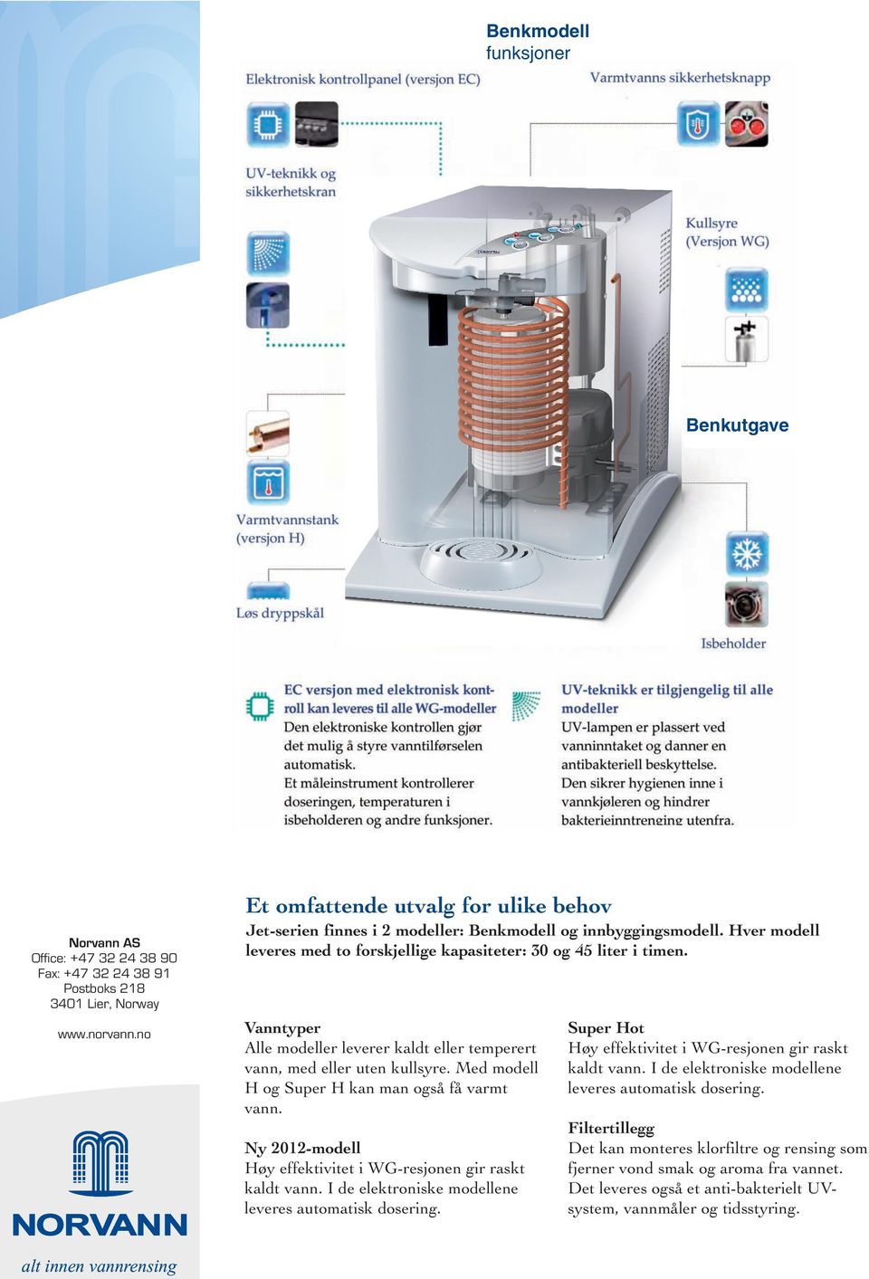 Med modell H og Super H kan man også få varmt vann. Ny 2012-modell Høy effektivitet i WG-resjonen gir raskt kaldt vann. I de elektroniske modellene leveres automatisk doseri.