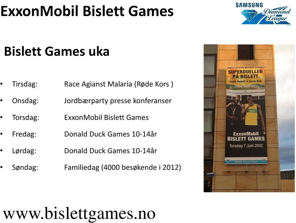 Bislett Games Fredag: Donald Duck Games 10-14år Lørdag: Donald Duck