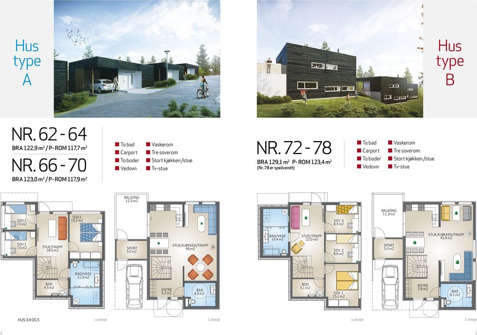 78 er speilvendt) To bad Carport To boder Vedovn Vaskerom Tre soverom Stort kjøkken /stue Tv-stue BRA 123,0 m 2 / P- rom 117,9 m 2 12.3 m2 SOV.3 7.0 m2 SOV.1 13.2 m2 12.