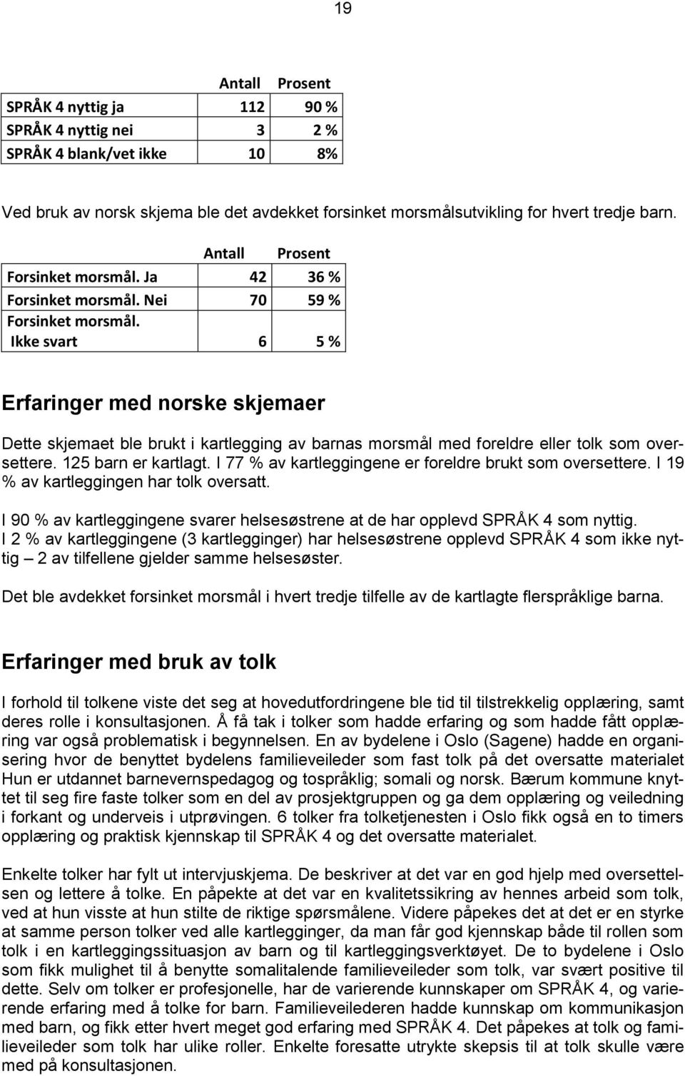 Ikke svart 6 5 % Erfaringer med norske skjemaer Dette skjemaet ble brukt i kartlegging av barnas morsmål med foreldre eller tolk som oversettere. 125 barn er kartlagt.