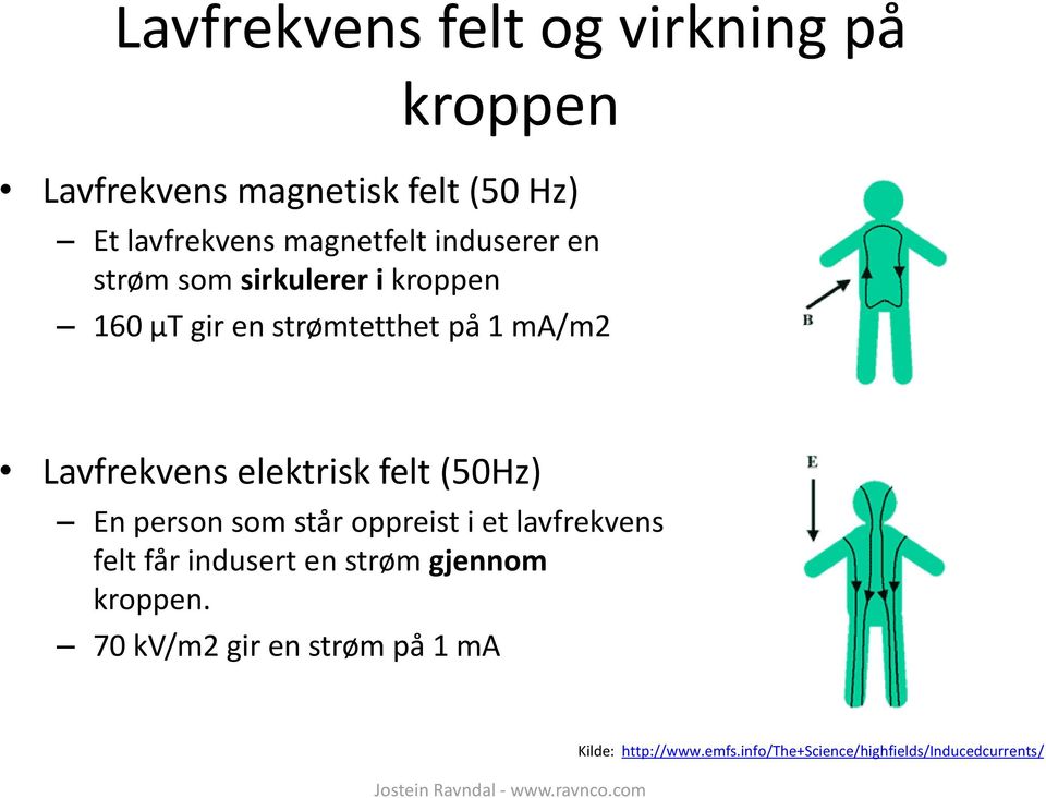 elektrisk felt (50Hz) En person som står oppreist i et lavfrekvens felt får indusert en strøm