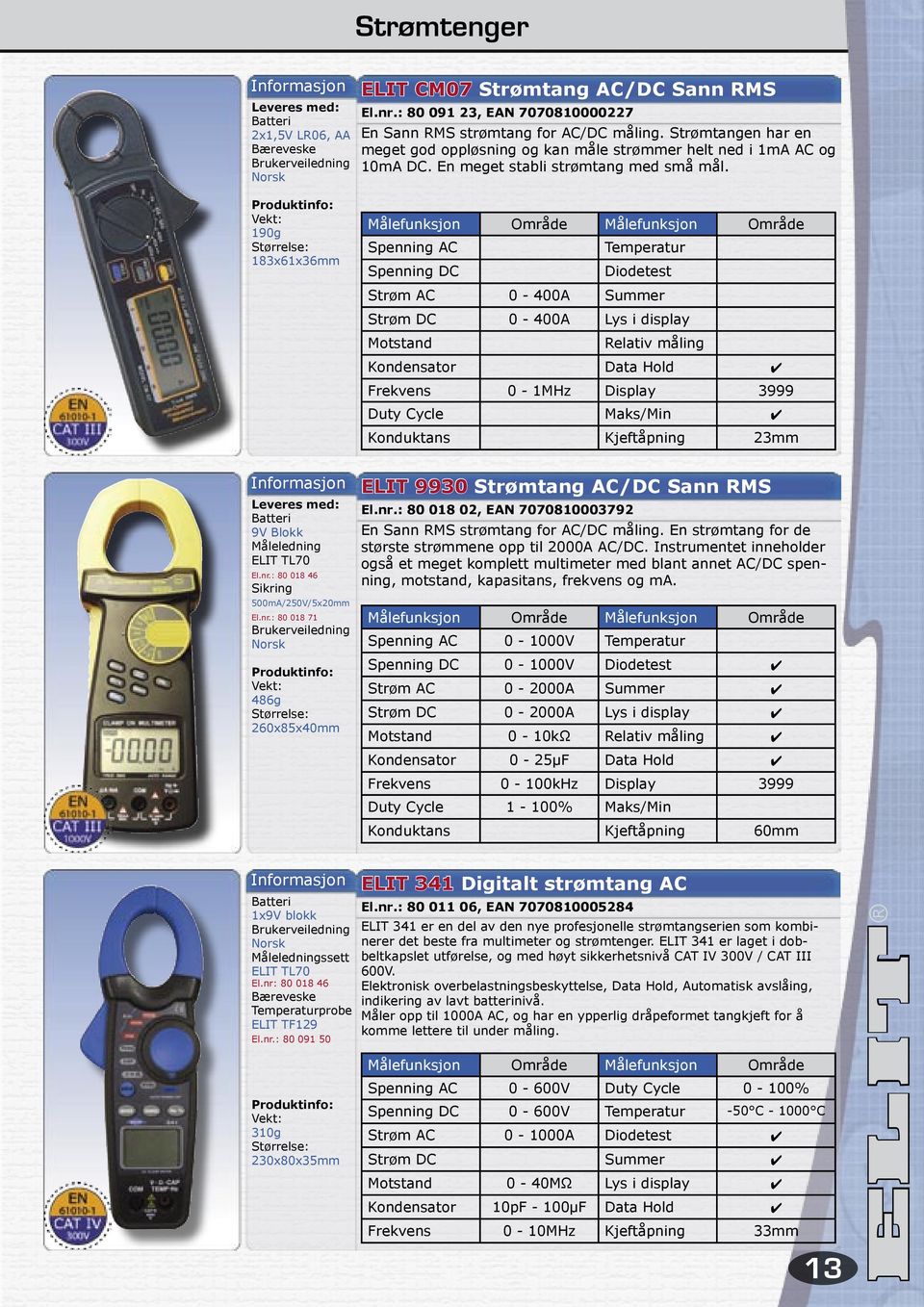 190g 183x61x36mm Spenning AC Temperatur Spenning DC Diodetest Strøm AC 0-400A Summer Strøm DC 0-400A Lys i display Motstand Relativ måling Kondensator Data Hold Frekvens 0-1MHz Display 3999 Duty