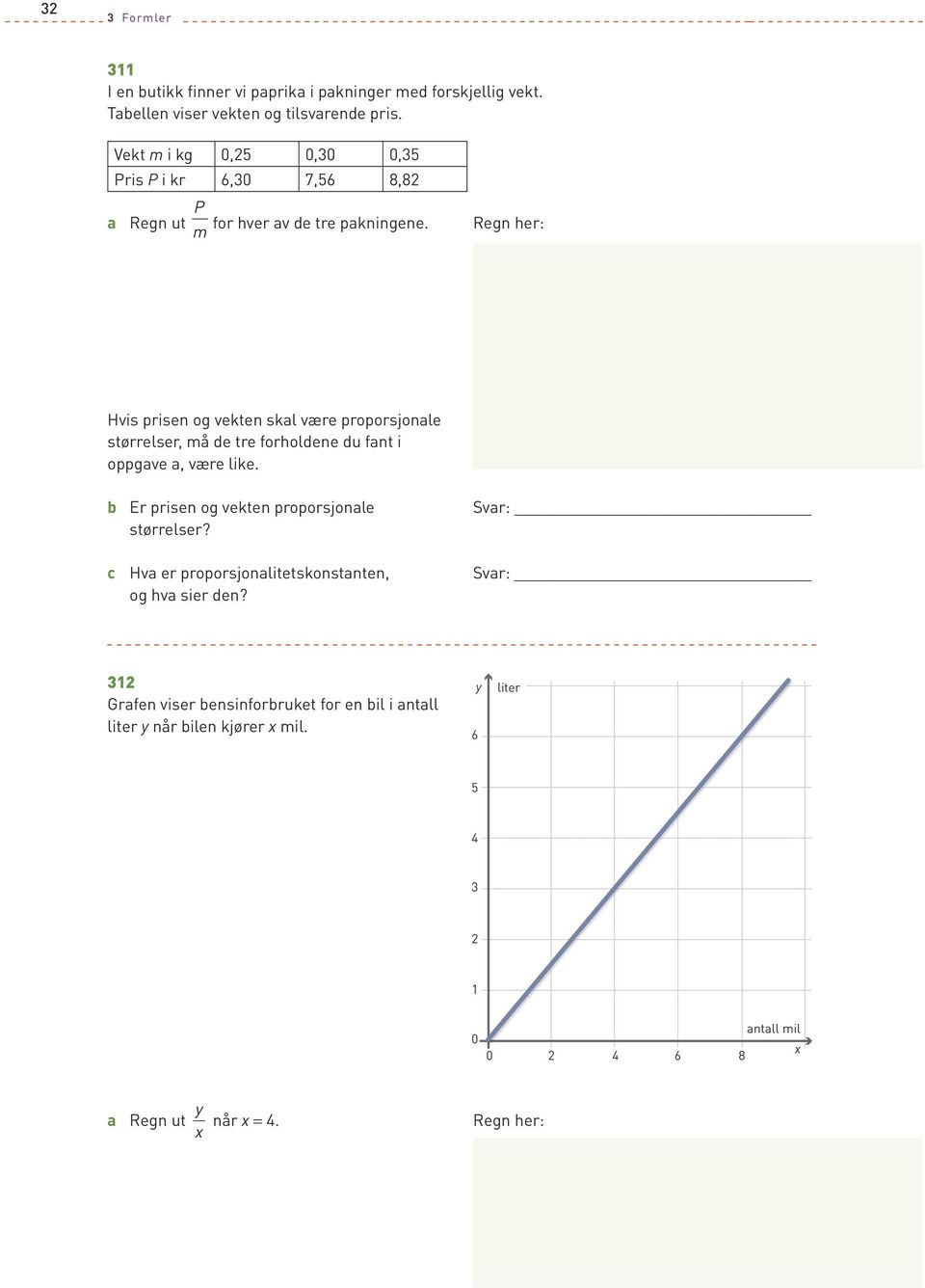 m Hvis prisen og vekten skal være proporsjonale størrelser, må de tre for holdene du fant i oppgave a, være like.