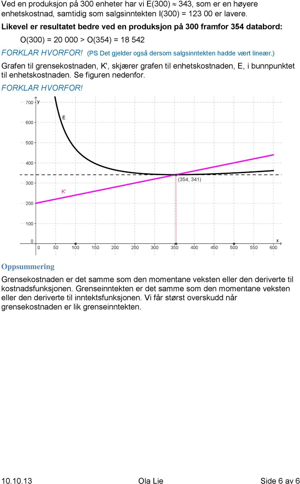 ) Grafen til grensekostnaden, K', skjærer grafen til enhetskostnaden, E, i bunnpunktet til enhetskostnaden. Se figuren nedenfor. FORKLAR HVORFOR!