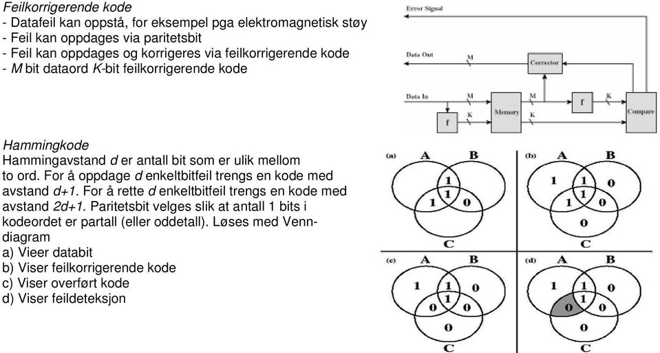 For å oppdage d enkeltbitfeil trengs en kode med avstand d+1. For å rette d enkeltbitfeil trengs en kode med avstand 2d+1.