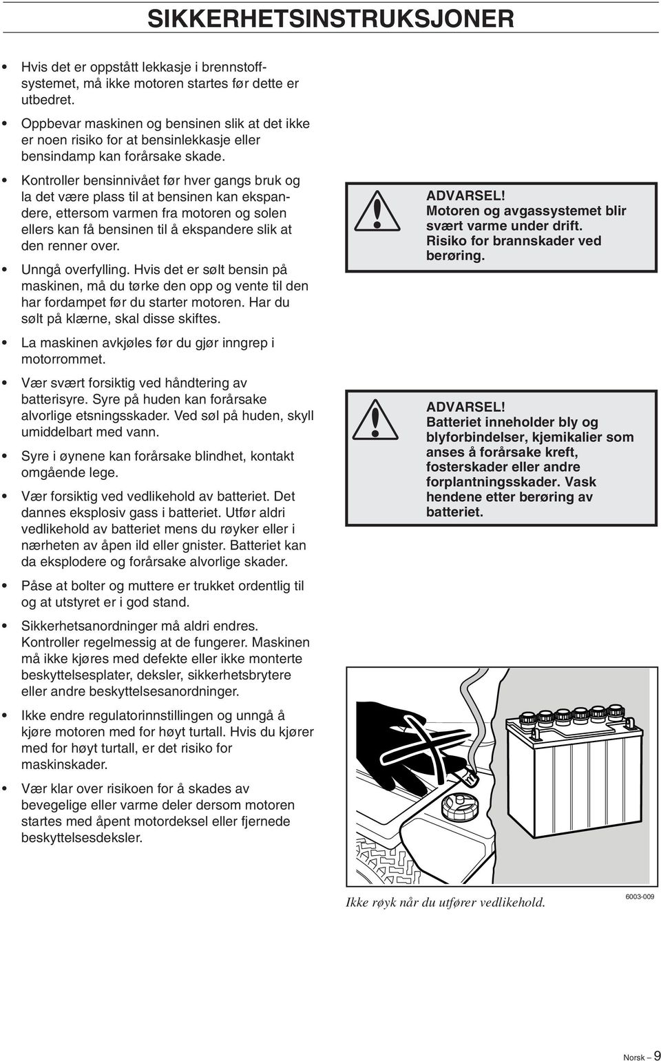 Kontroller bensinnivået før hver gangs bruk og la det være plass til at bensinen kan ekspandere, ettersom varmen fra motoren og solen ellers kan få bensinen til å ekspandere slik at den renner over.