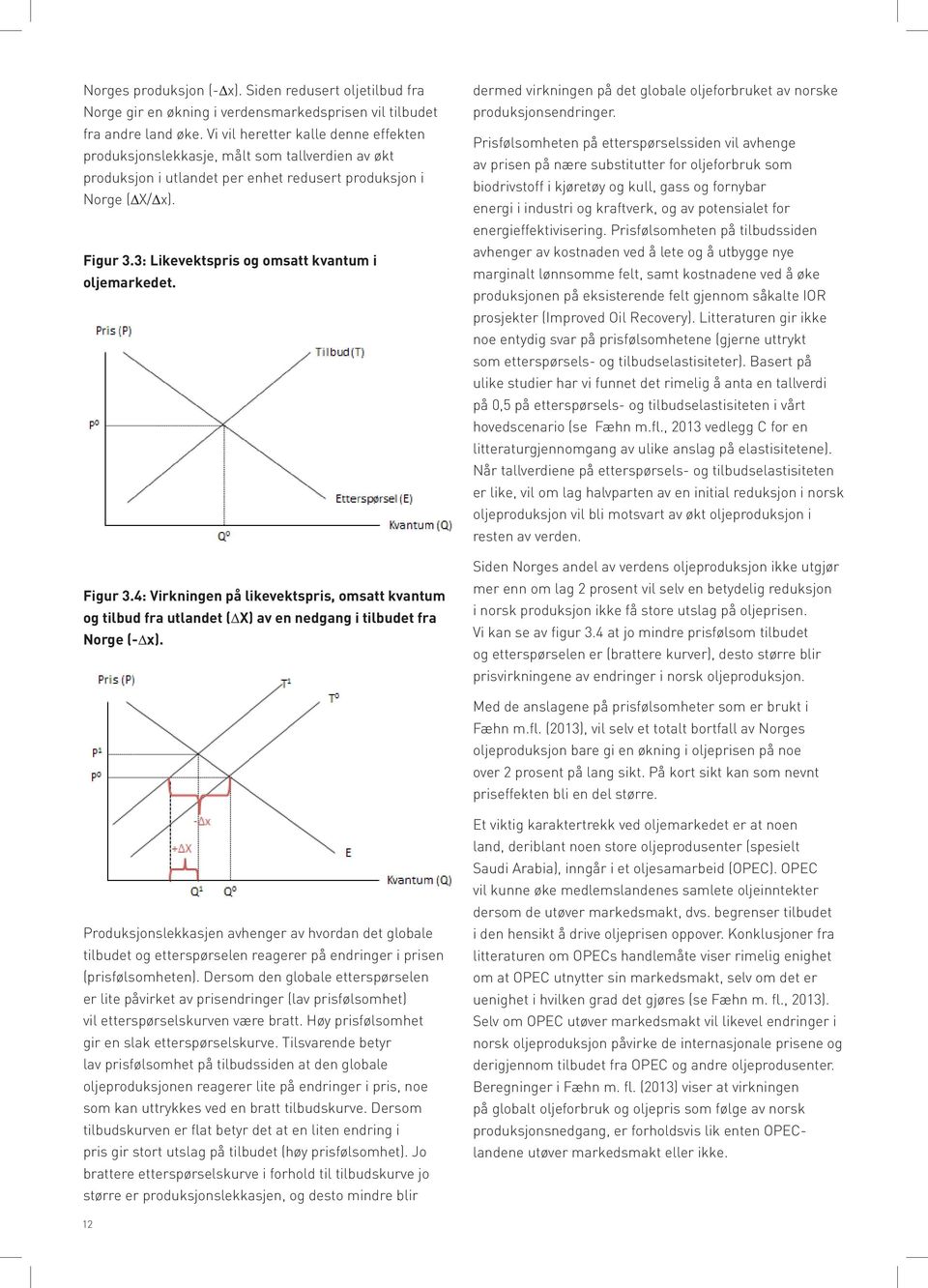 3: Likevektspris og omsatt kvantum i oljemarkedet. Figur 3.4: Virkningen på likevektspris, omsatt kvantum og tilbud fra utlandet ( X) av en nedgang i tilbudet fra Norge (- x).