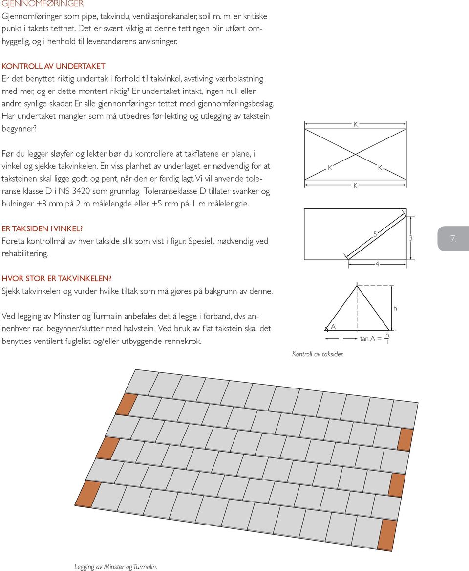 KONTROLL V UNDERTKET Er det benyttet riktig undertak i forhold til takvinkel, avstiving, værbelastning med mer, og er dette montert riktig? Er undertaket intakt, ingen hull eller andre synlige skader.