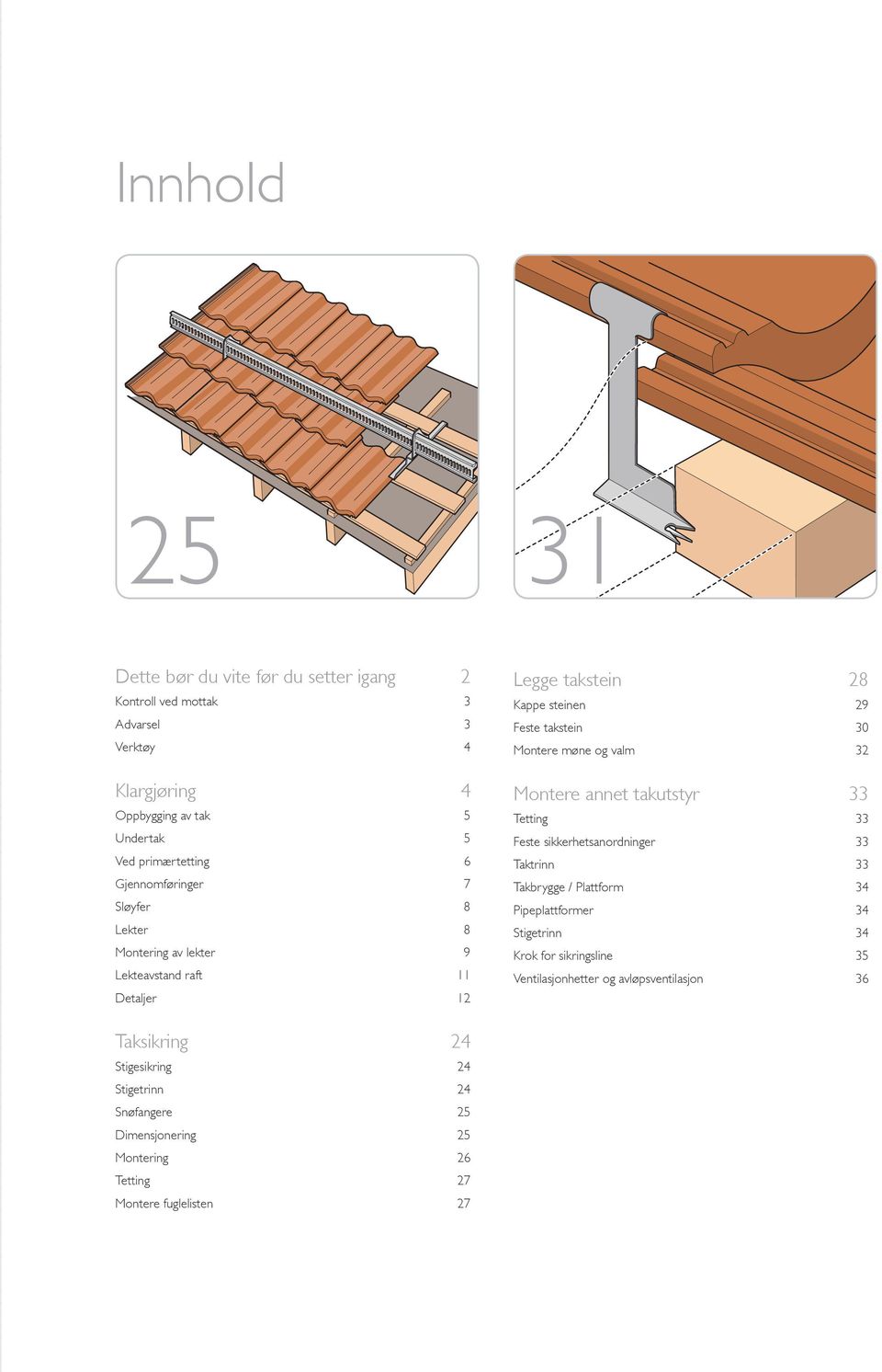 valm 32 Montere annet takutstyr 33 Tetting 33 Feste sikkerhetsanordninger 33 Taktrinn 33 Takbrygge / Plattform 34 Pipeplattformer 34 Stigetrinn 34 Krok for