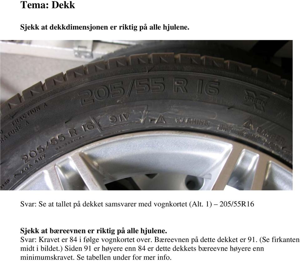 1) 205/55R16 Sjekk at bæreevnen er riktig på alle hjulene.