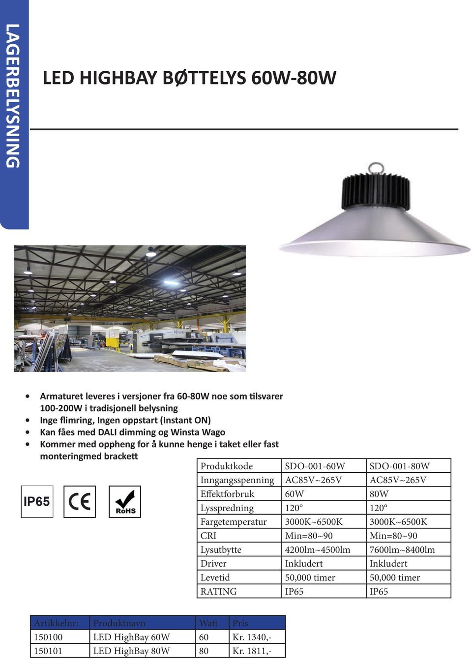 AC85V~265V AC85V~265V Effektforbruk 60W 80W Lysspredning 120 120 Fargetemperatur 3000K~6500K 3000K~6500K CRI Min=80~90 Min=80~90 Lysutbytte 4200lm~4500lm 7600lm~8400lm Driver