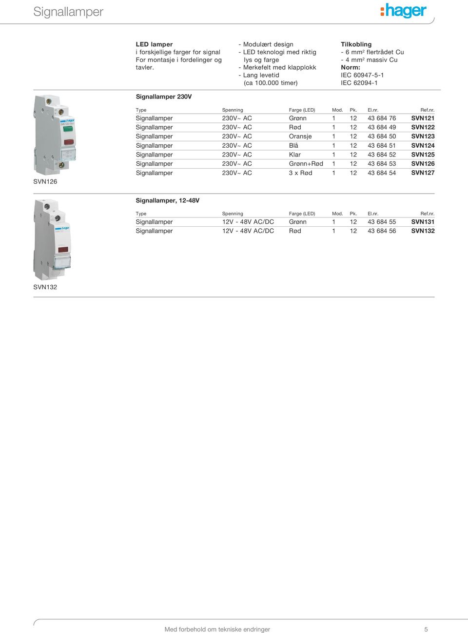 000 timer) Tilkobling - 6 mm 2 flertrådet Cu - 4 mm 2 massiv Cu Norm: IEC 60947-5-1 IEC 62094-1 SVN126 Type Spenning Farge (LED) Mod. Pk. El.nr.