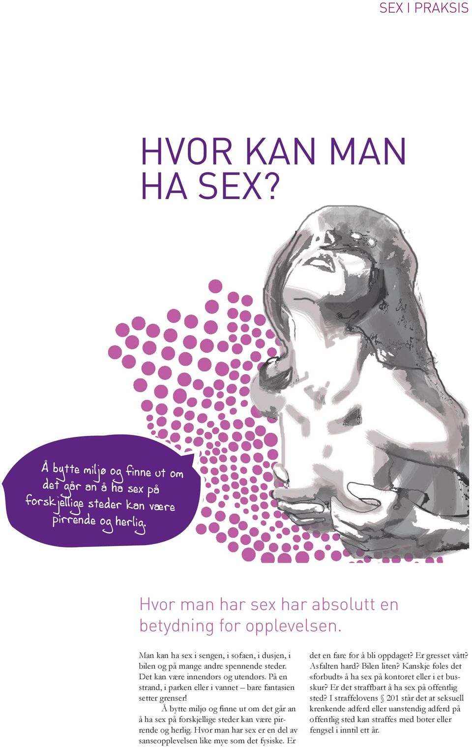 Å bytte miljø og finne ut om det går an å ha sex på forskjellige steder kan være pirrende og herlig. Hvor man har sex er en del av sanseopplevelsen like mye som det fysiske.