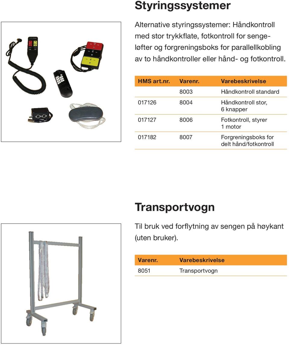 8003 Håndkontroll standard 017126 8004 Håndkontroll stor, 6 knapper 017127 8006 Fotkontroll, styrer 1 motor