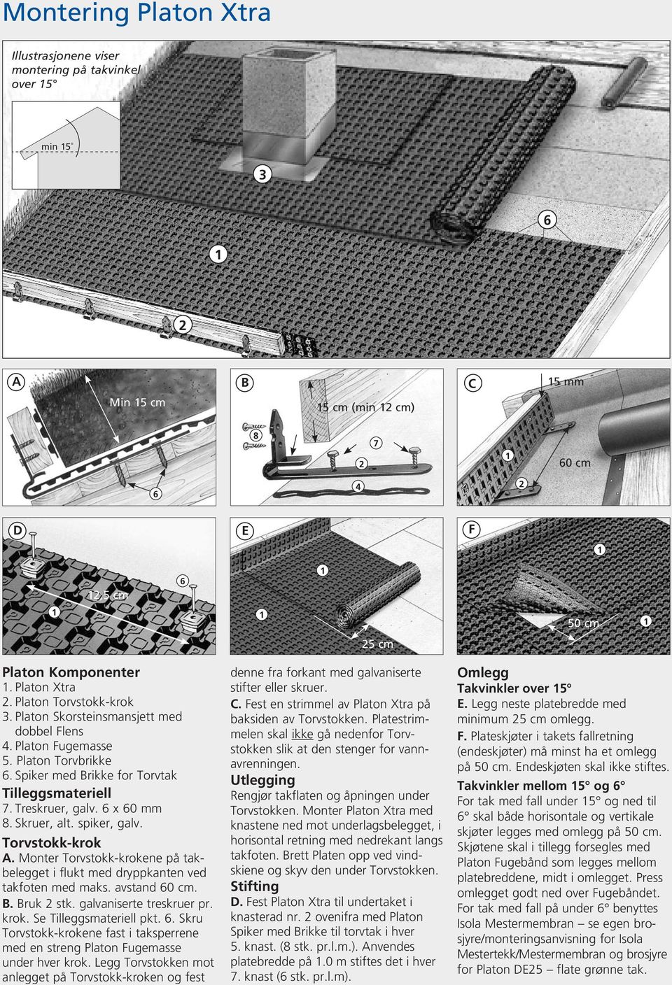 Torvstokk-krok A. Monter Torvstokk-krokene på takbelegget i flukt med drypp kant en ved takfoten med maks. av stand 0 cm. B. Bruk stk. galvaniserte treskruer pr. krok. Se Tilleggsmateriell pkt.