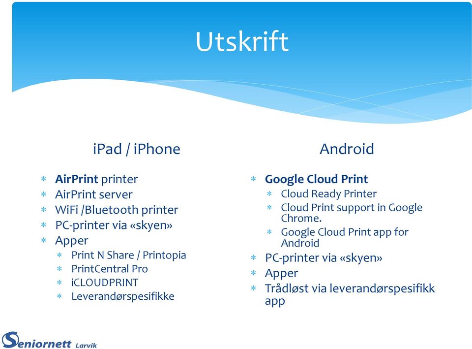 Leverandørspesifikke Android Google Cloud Print Cloud Ready Printer Cloud Print support in