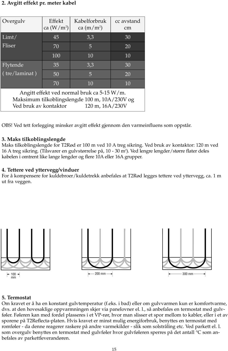 Maksimum tilkoblingslengde 100 m, 10A/230V og Ved bruk av kontaktor 120 m, 16A/230V 5 10 30 20 10 30 20 10 OBS! Ved tett forlegging minsker avgitt effekt gjennom den varmeinfluens som oppstår. 3. Maks tilkoblingslengde Maks tilkoblingslengde for T2Rød er 100 m ved 10 A treg sikring.