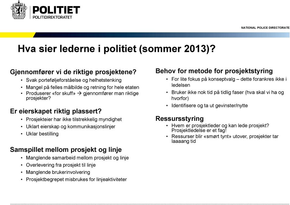 Prosjekteier har ikke tilstrekkelig myndighet Uklart eierskap og kommunikasjonslinjer Uklar bestilling Samspillet mellom prosjekt og linje Manglende samarbeid mellom prosjekt og linje Overlevering