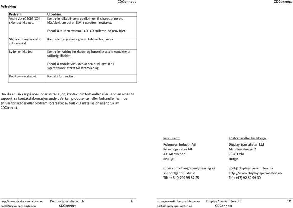 Kontroller de grønne og hvite kablene for skader. Kontroller kabling for skader og kontroller at alle kontakter er skikkelig tilkoblet.