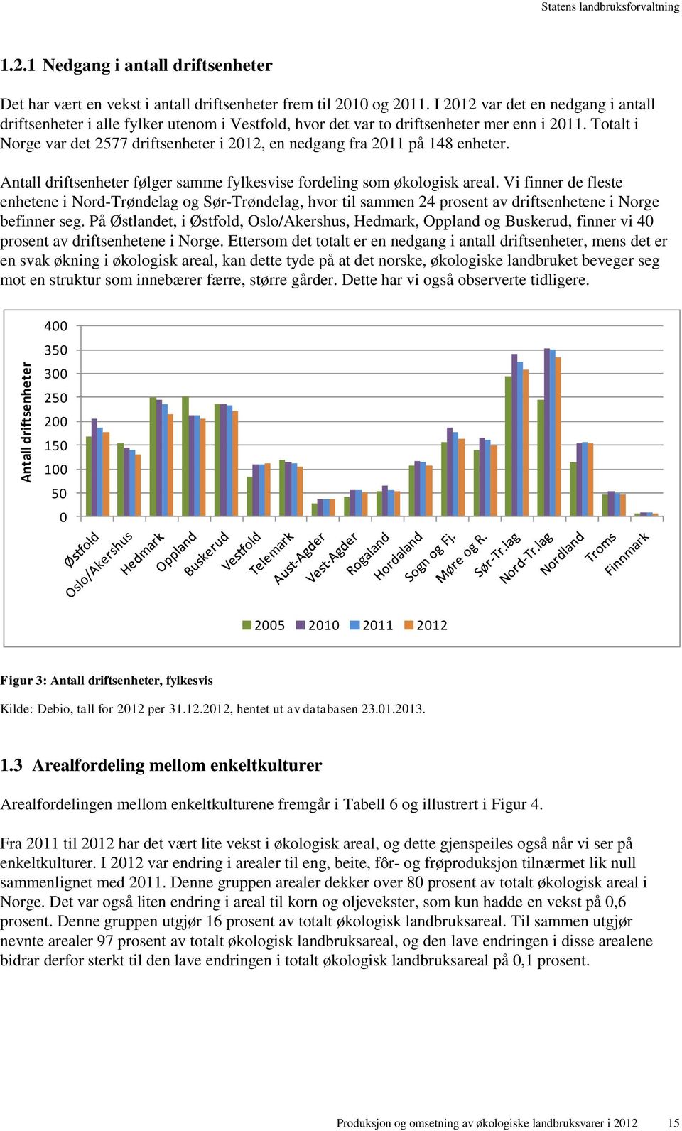 Totalt i Norge var det 2577 driftsenheter i 2012, en nedgang fra 2011 på 148 enheter. Antall driftsenheter følger samme fylkesvise fordeling som økologisk areal.