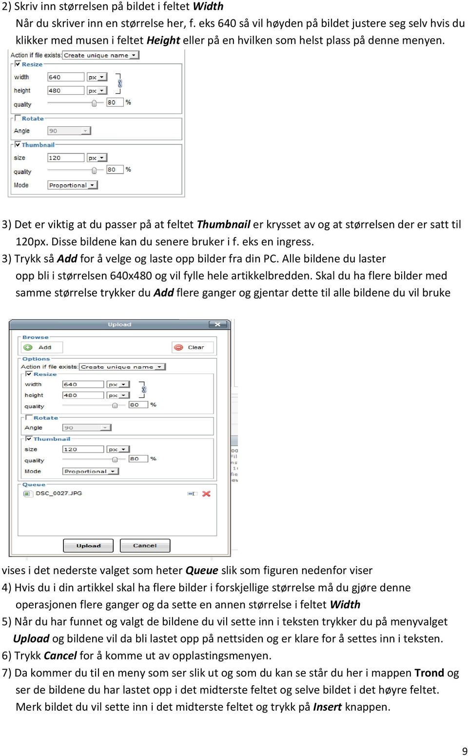 3) Det er viktig at du passer på at feltet Thumbnail er krysset av og at størrelsen der er satt til 120px. Disse bildene kan du senere bruker i f. eks en ingress.