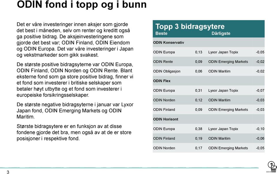 De største positive bidragsyterne var ODIN Europa, ODIN Finland, ODIN Norden og ODIN Rente.