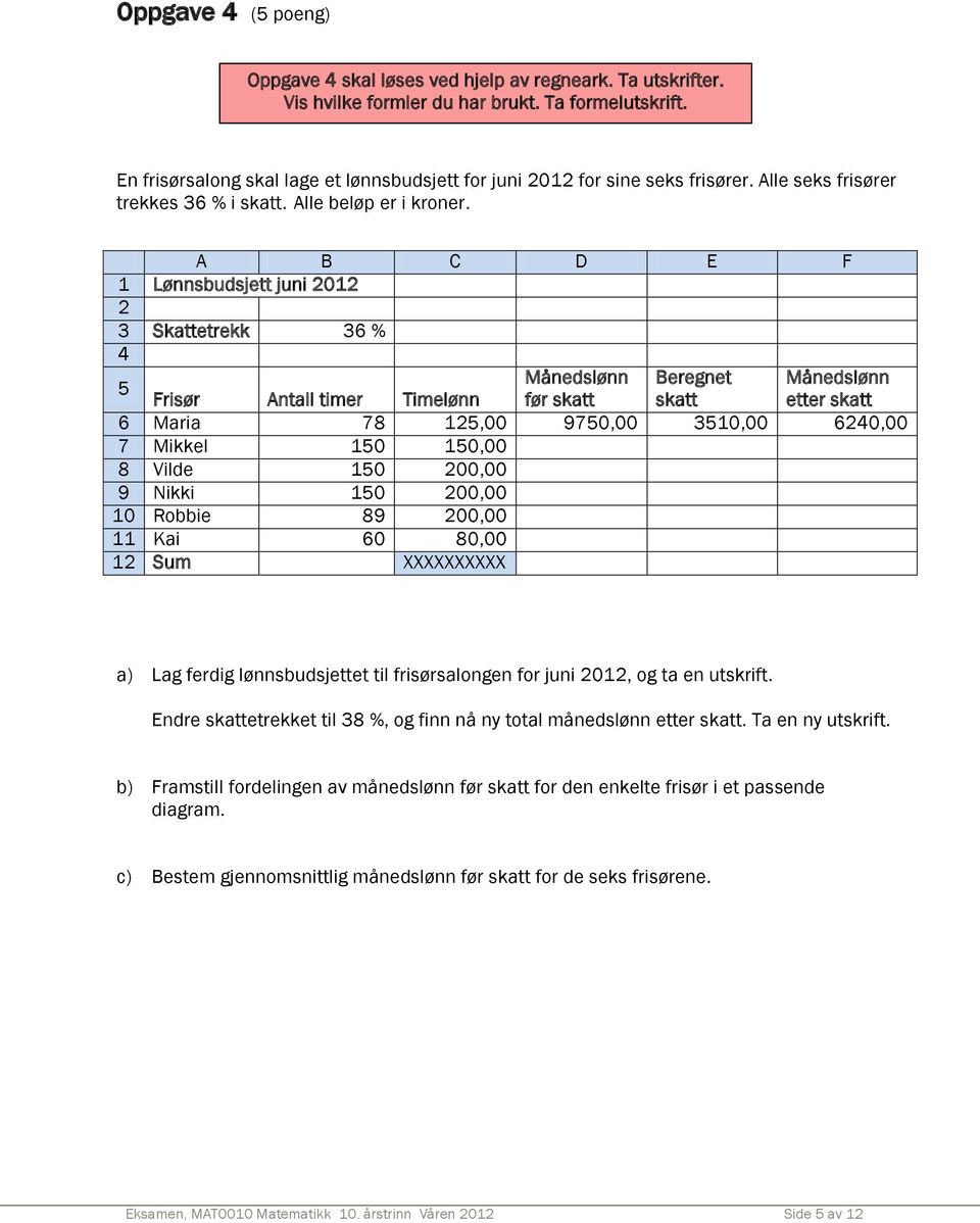 A B C D E F 1 Lønnsbudsjett juni 2012 2 3 Skattetrekk 36 % 4 5 Månedslønn Beregnet Månedslønn Frisør Antall timer Timelønn før skatt skatt etter skatt 6 Maria 78 125,00 9750,00 3510,00 6240,00 7