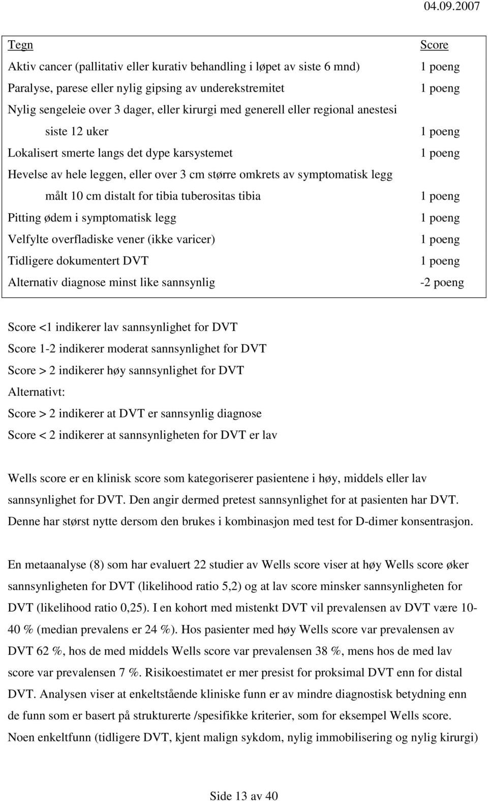 Pitting ødem i symptomatisk legg Velfylte overfladiske vener (ikke varicer) Tidligere dokumentert DVT Alternativ diagnose minst like sannsynlig Score 1 poeng 1 poeng 1 poeng 1 poeng 1 poeng 1 poeng 1