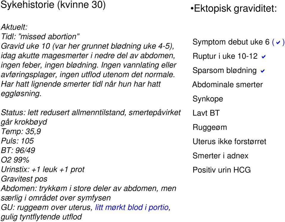 Status: lett redusert allmenntilstand, smertepåvirket går krokbøyd Temp: 35,9 Puls: 105 BT: 96/49 O2 99% Urinstix: +1 leuk +1 prot Gravitest pos Abdomen: trykkøm i store deler av abdomen, men særlig