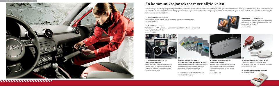 Kontakt din Audi-forhandler for et skreddersydd kommunikasjonssystem til din bil.. IPod-kabel (bilde til venstre) For tilkobling av ipod. Passer kun for biler med Audi Music Interface (AMI). Art.nr.