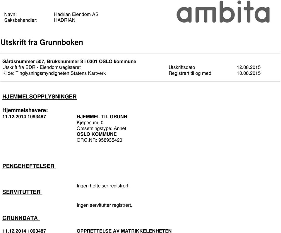 12.2014 1093487 HJEMMEL TIL GRUNN Kjøpesum: 0 Omsetningstype: Annet OSLO KOMMUNE ORG.