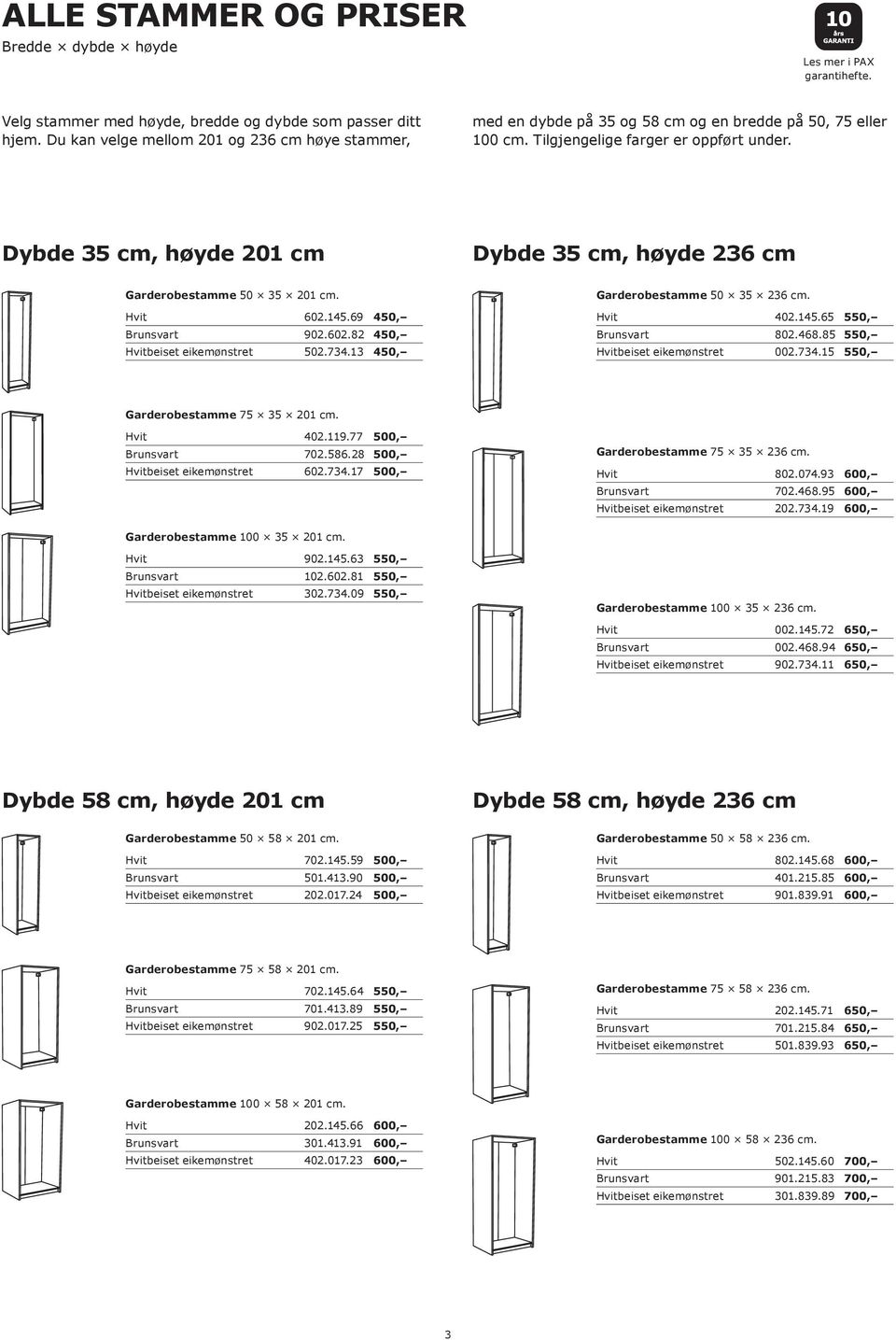 Dybde 35 cm, høyde 201 cm Dybde 35 cm, høyde 236 cm Garderobestamme 50 35 201 cm. 602.145.69 450, 902.602.82 450, beiset eikemønstret 502.734.13 450, Garderobestamme 50 35 236 cm. 402.145.65 550, 802.