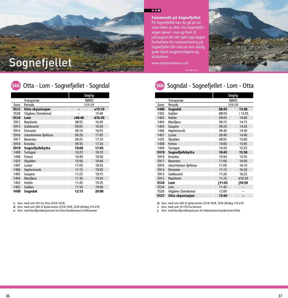 com Foto: MB Kleiven 566 Otta - Lom - Sognefjellet - Sogndal 566 Sogndal - Sognefjellet - Lom - Otta Daglig Transportør NBNO Sone Periode 25/6-2/9 5521 Otta skysstasjon e15:10 5528 Vågåmo (Smedsmo)