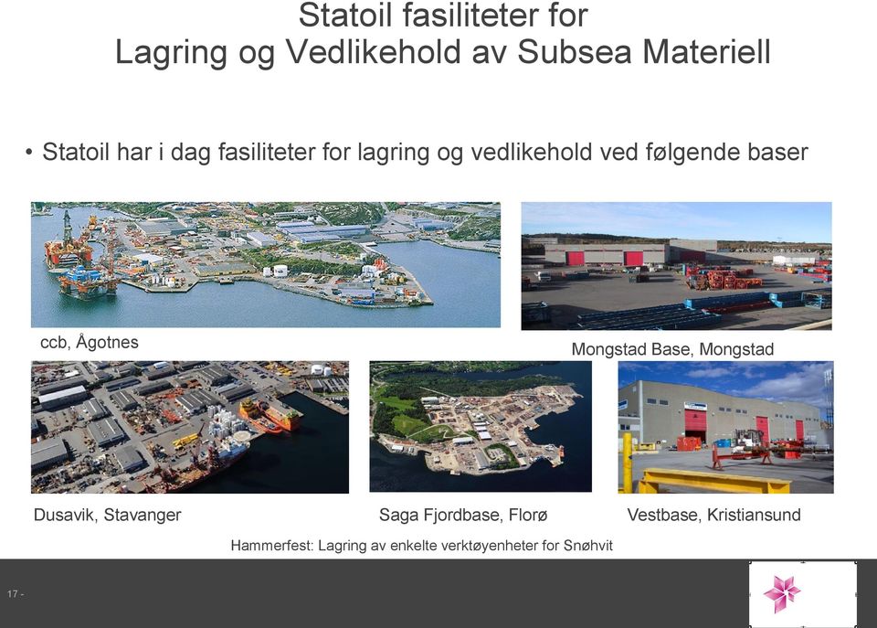 Mongstad Base, Mongstad Dusavik, Stavanger Saga Fjordbase, Florø Vestbase,