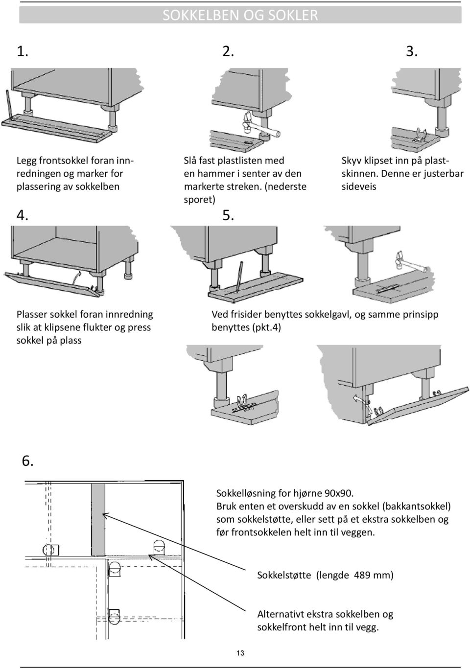 Plasser sokkel foran innredning slik at klipsene flukter og press sokkel på plass Ved frisider benyttes sokkelgavl, og samme prinsipp benyttes (pkt.4) 6.