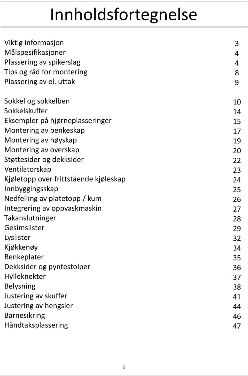 Ventilatorskap Kjøletopp over frittstående kjøleskap Innbyggingsskap Nedfelling av platetopp / kum Integrering av oppvaskmaskin Takanslutninger Gesimslister Lyslister