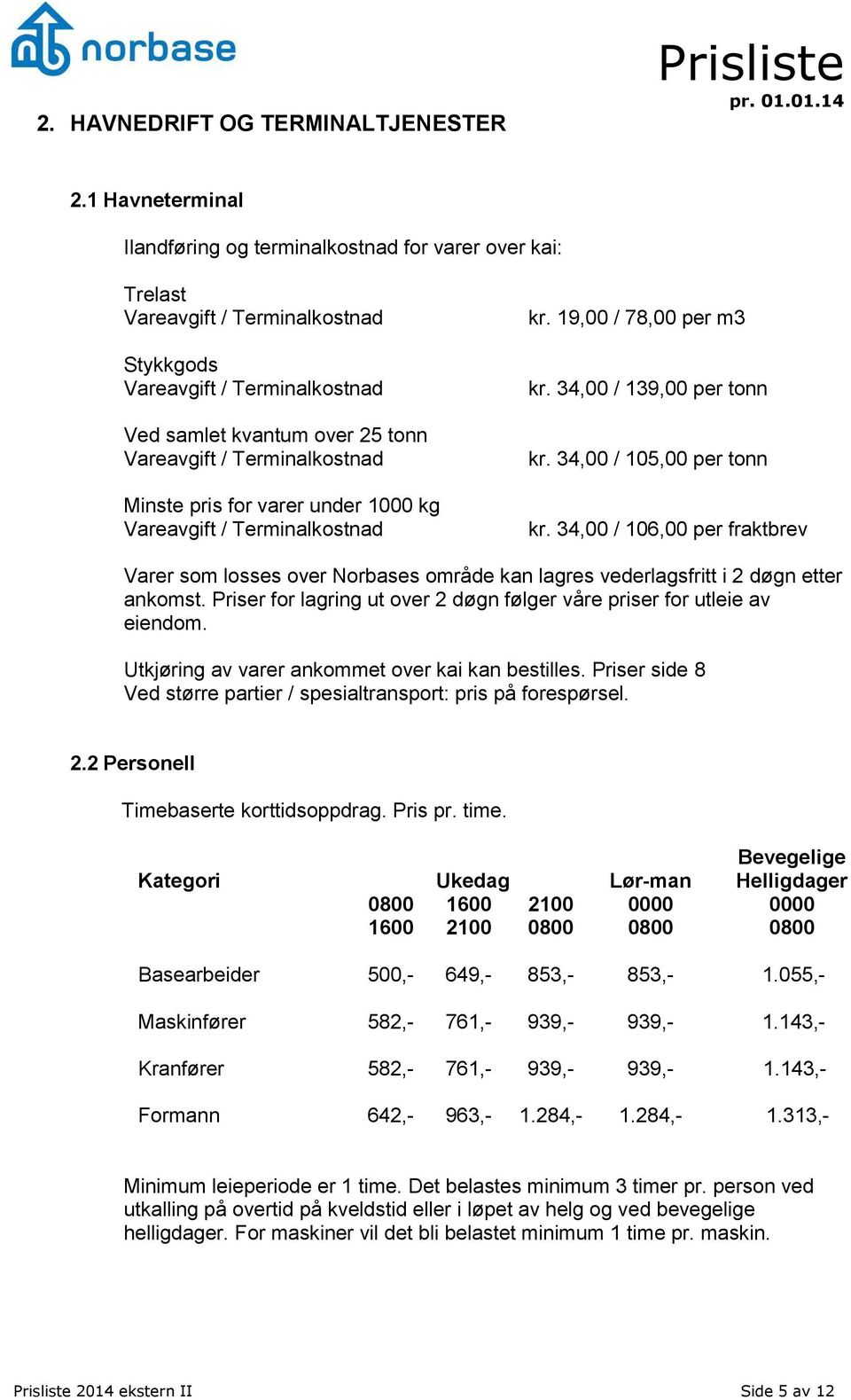 Terminalkostnad Minste pris for varer under 1000 kg Vareavgift / Terminalkostnad kr. 19,00 / 78,00 per m3 kr. 34,00 / 139,00 per tonn kr. 34,00 / 105,00 per tonn kr.