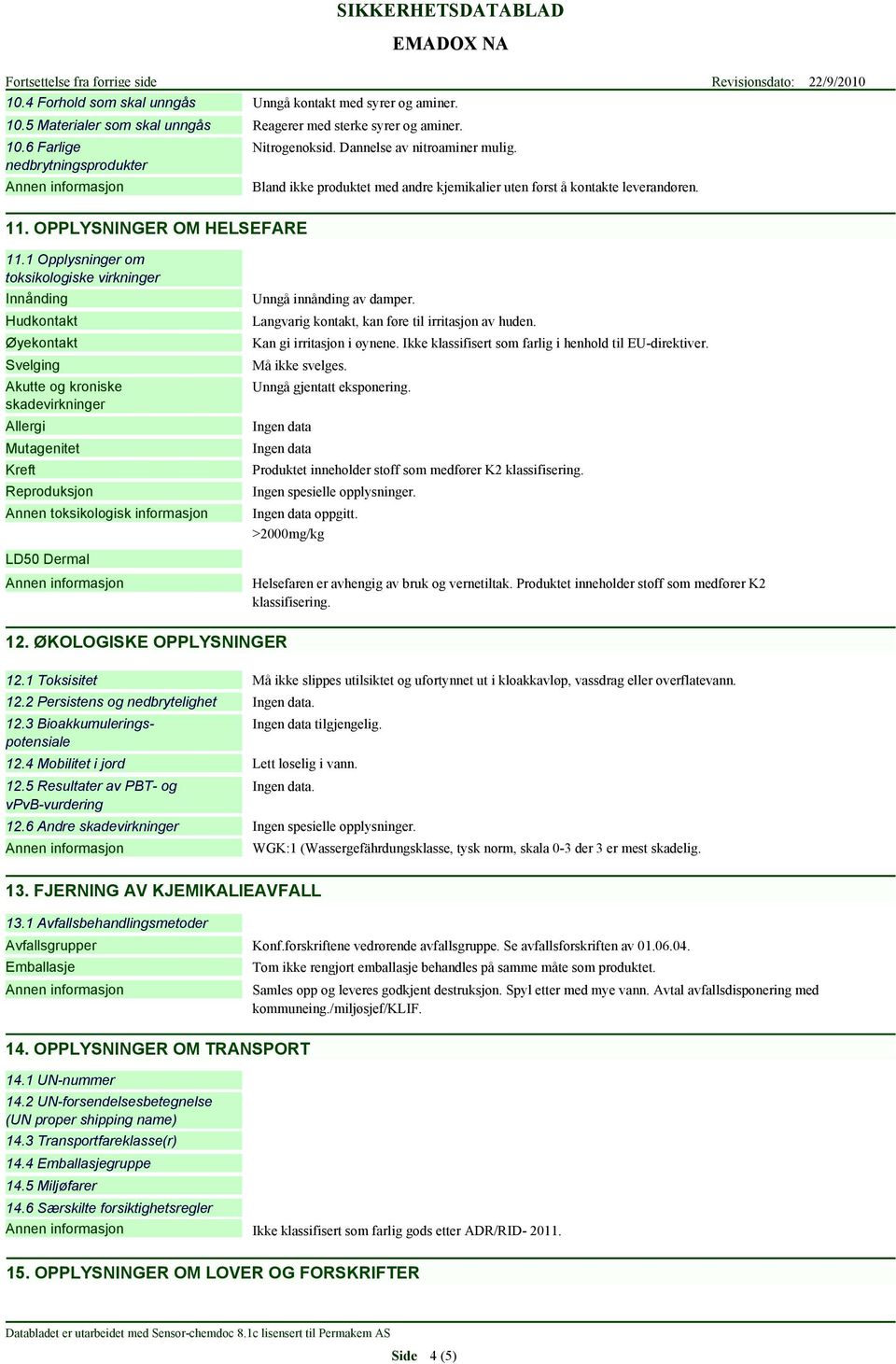 1 Opplysninger om toksikologiske virkninger Innånding Hudkontakt Øyekontakt Svelging Akutte og kroniske skadevirkninger Allergi Mutagenitet Kreft Reproduksjon Annen toksikologisk informasjon Unngå