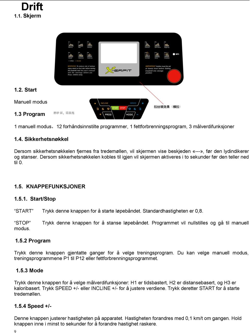 Dersom sikkerhetsnøkkelen kobles til igjen vil skjermen aktiveres i to sekunder før den teller ned til 0. 1.5. KNAPPEFUNKSJONER 1.5.1. Start/Stop START Trykk denne knappen for å starte løpebåndet.