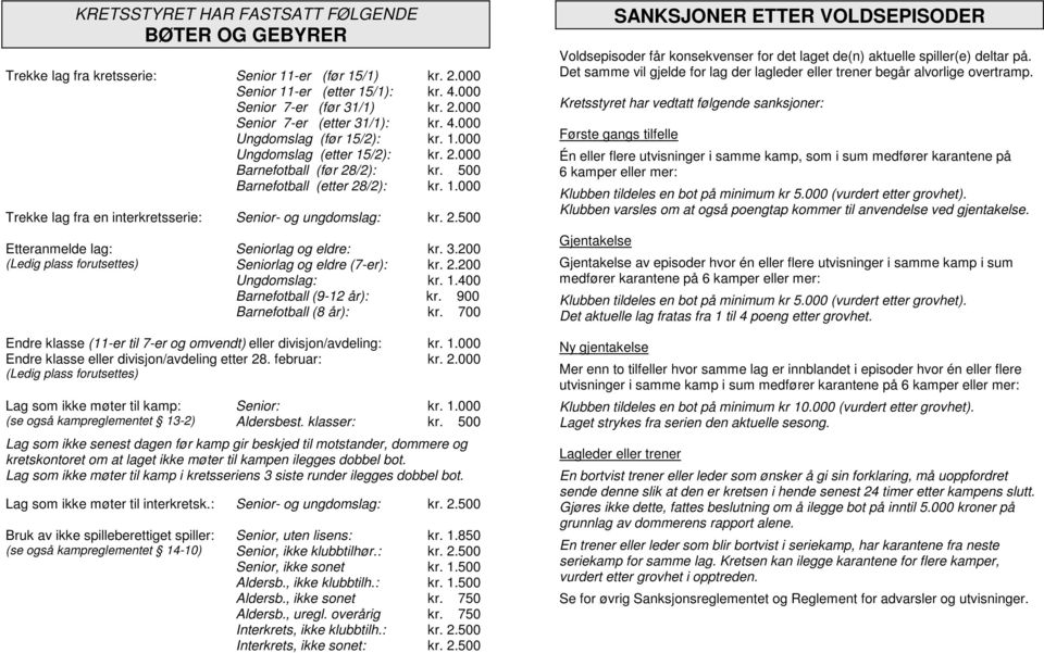 2.500 Etteranmelde lag: Seniorlag og eldre: kr. 3.200 (Ledig plass forutsettes) Seniorlag og eldre (7-er): kr. 2.200 Ungdomslag: kr. 1.400 Barnefotball (9-12 år): kr. 900 Barnefotball (8 år): kr.