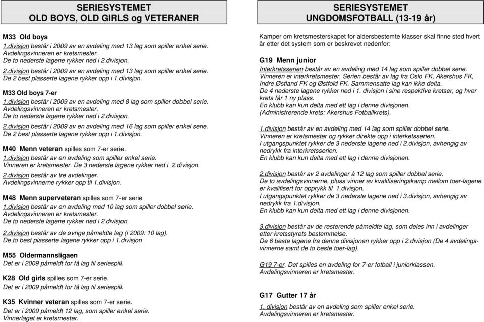 divisjon består i 2009 av en avdeling med 8 lag som spiller dobbel serie. Avdelingsvinneren er kretsmester. De to nederste lagene rykker ned i 2.divisjon. 2.divisjon består i 2009 av en avdeling med 16 lag som spiller enkel serie.