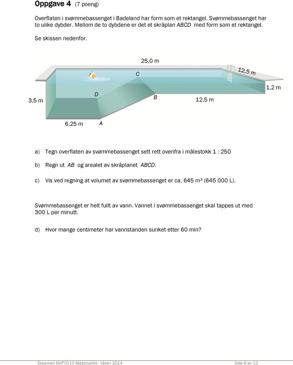 C 25,0 m 3,5 m D B 12,5 m 1,2 m 6,25 m A a) Tegn overflaten av svømmebassenget sett rett ovenfra i målestokk 1 : 250 b) Regn ut AB og arealet av skråplanet ABCD.