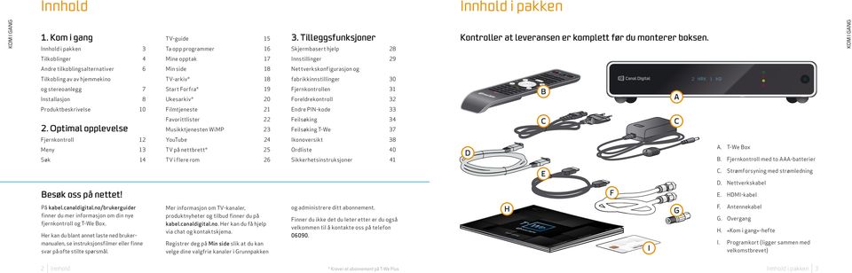 KOM I GANG Tilkoblinger 4 Mine opptak 17 Innstillinger 29 Andre tilkoblingsalternativer 6 Min side 18 Nettverkskonfigurasjon og Tilkobling av av hjemmekino TV-arkiv* 18 fabrikkinnstillinger 30 og