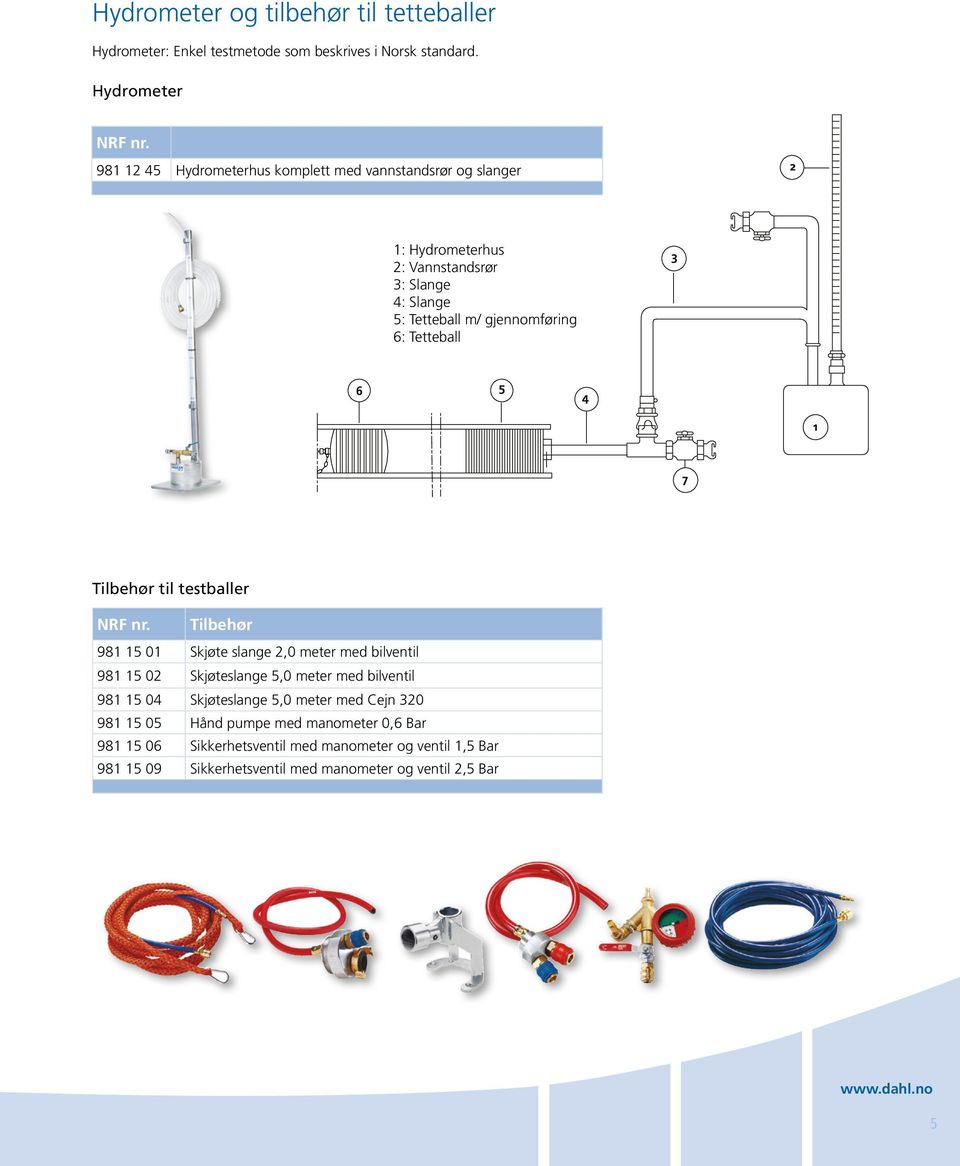 gjennomføring 6: Tetteball Tilbehør til testballer Tilbehør 981 15 01 Skjøte slange 2,0 meter med bilventil 981 15 02 Skjøteslange 5,0 meter med